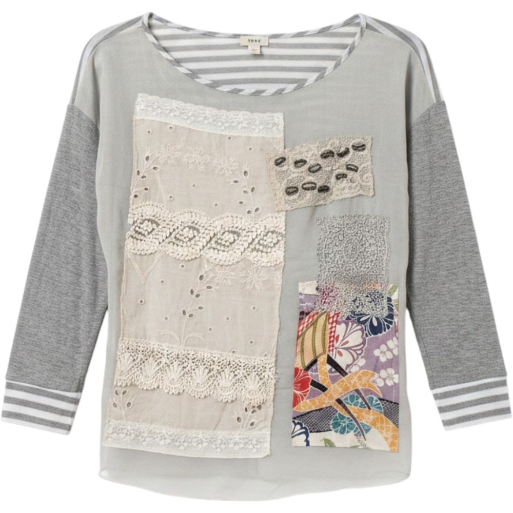 TINY Mixed Media Top XS Grey Lace Patchwork Striped 3/4 Sleeve Boho Anthro